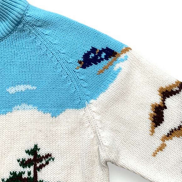 Vintage Alpine Goat Scenic Knit Sweater Cream Blue Mock Neck Unisex Ski Cabin - Picture 5 of 11
